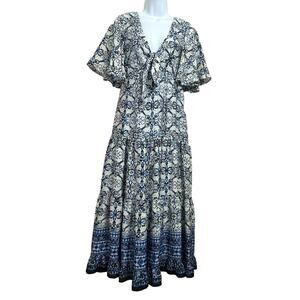 Taylor Boho Blue Dress Sz 12 Tiered Midi Lined Front Tie Flutter Sleeve New
